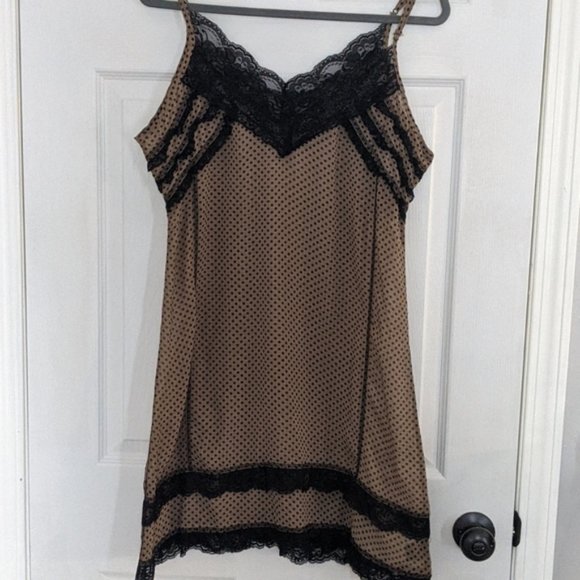 Too Fast "Diva Doll" Brown Polka Dots/Lace Slip Dress - Picture 2 of 4